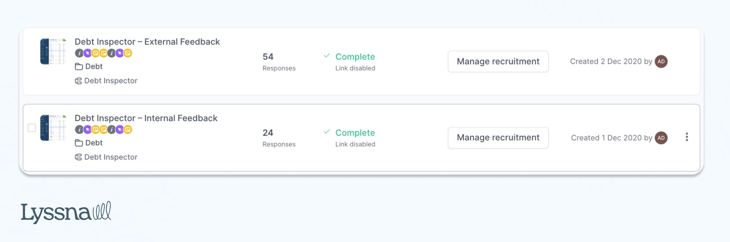 Titles of two tests named - "Debt Inspector - External Feedback" and "Debt Inspector - Internal Feedback"