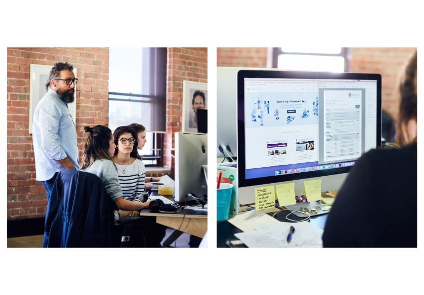 Image on left showing three office workers looking at a computer screen, image on the right showing the screen